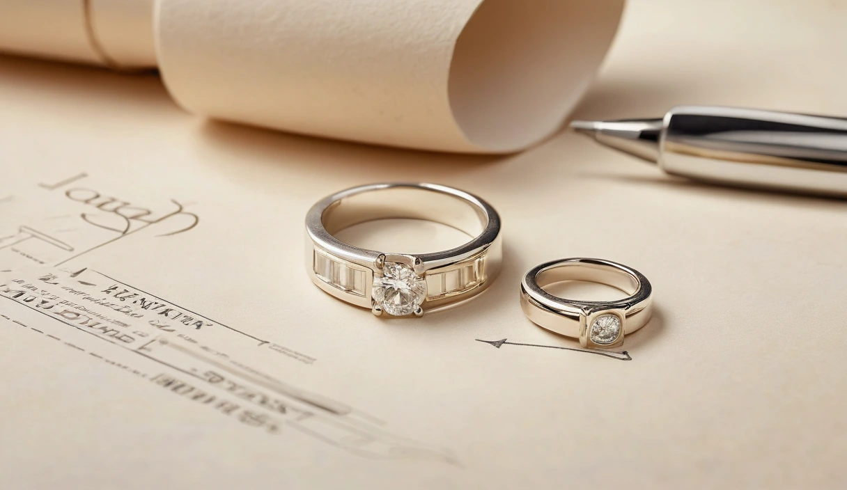 Modern fine-jewelry design concept on a neutral worktable